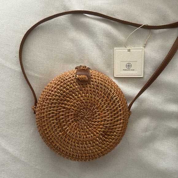 Penelope Case Handbags - NWT Brown Rattan Crossbody Bag (Navy Interior Fabric)